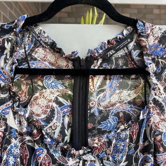 ZARA Paisley Ruched Long Sleeve Mini Dress Size M - Picture 5 of 9